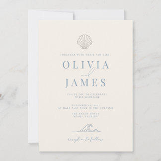 Invitación Boda Minimalista Dusty Blue Costera con Conchas Ma