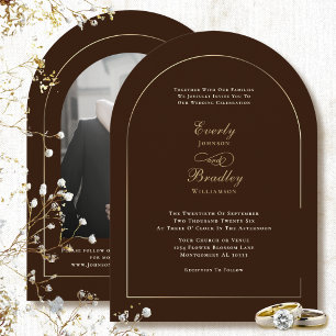 Invitación Boda Minimalista Elegante Arco Marrón Crema Otoño