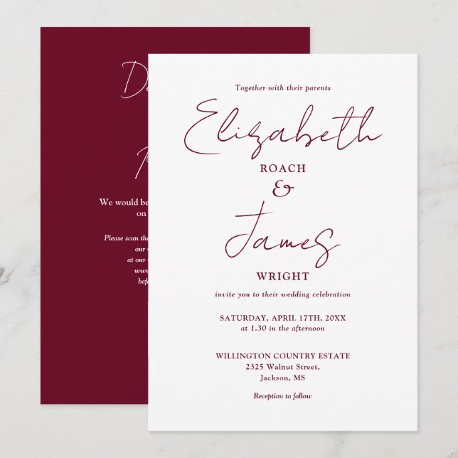 Invitación Boda Minimalista Elegante Código QR Borgoña (Anverso / Reverso)