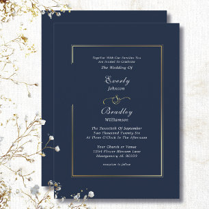Invitación Boda minimalista elegante con borde dorado y azul 