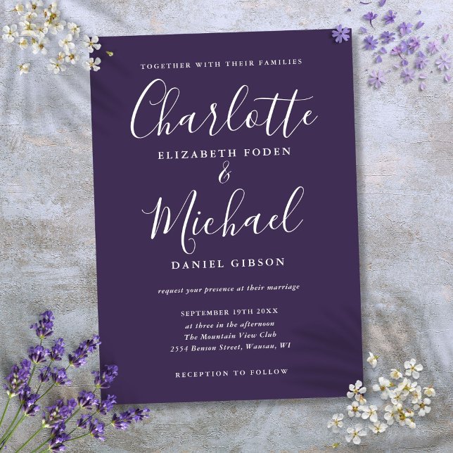Invitación Boda Minimalista Elegante con Letra Script Púrpura (Purple Minimalist Elegant Script Wedding Invitation)