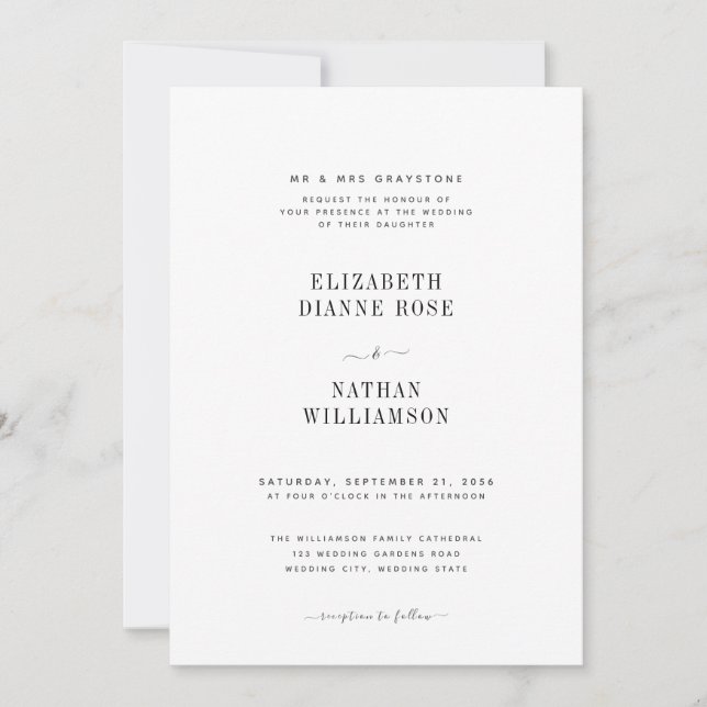 Invitación Boda minimalista elegante en blanco y negro (Anverso)