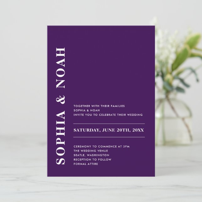 Invitación Boda minimalista elegante morado moderno (Anverso de pie)