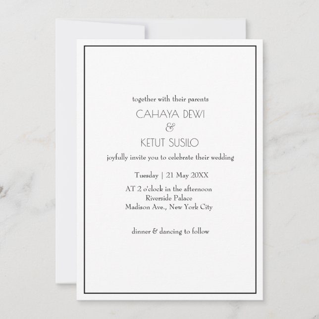 Invitación Boda minimalista elegante negro y blanco (Anverso)