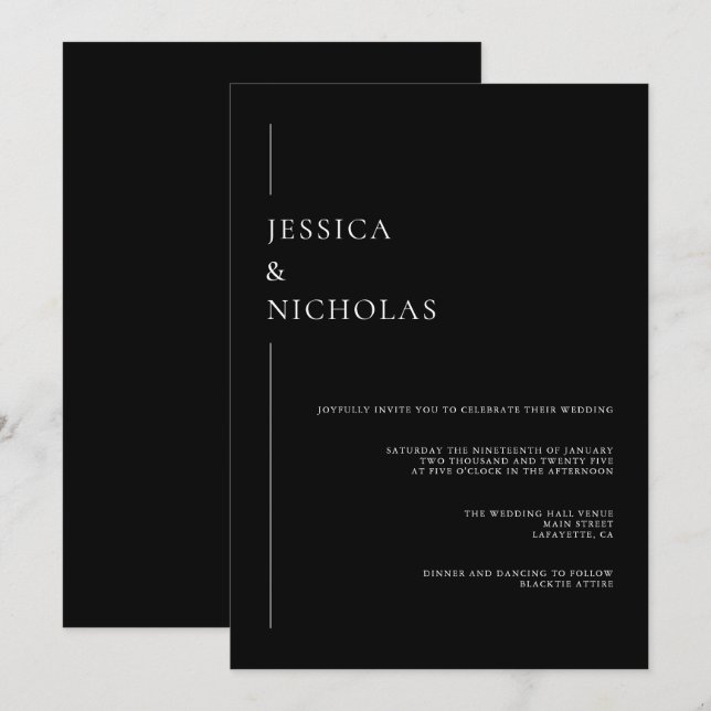 Invitación Boda minimalista elegante negro y blanco (Anverso / Reverso)