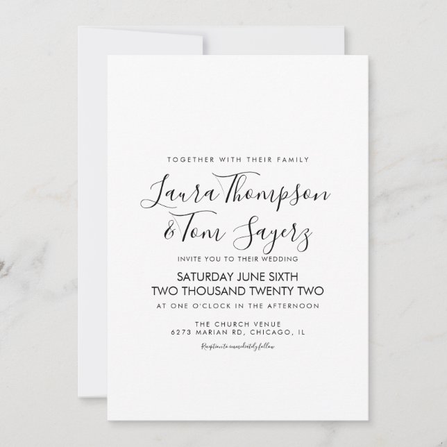 Invitación Boda Minimalista Elegante Script Negro Blanco (Anverso)