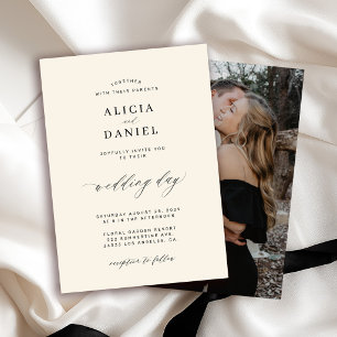 Invitación Boda minimalista en negro y marfil con foto y letr