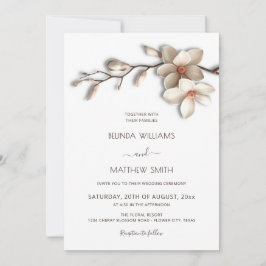 Invitación Boda Minimalista Flor de Magnolia 3D Blanca Marfil