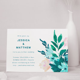Invitación Boda Minimalista floral de color azul esmeralda