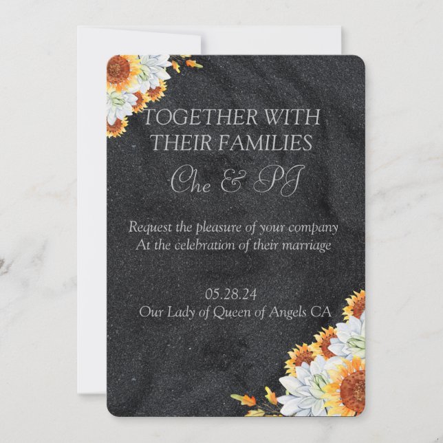 Invitación Boda minimalista floral negra (Anverso)