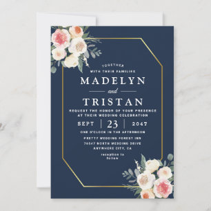 Invitación Boda Minimalista Floral Oro Azul Foto