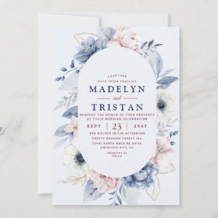 Invitación Boda Minimalista Floral Simple Blanco Azul foto