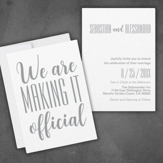 Invitación boda Minimalista "Lo estamos haciendo oficial" ("We Are Making It Official"
Sleek Modern Minimalist Wedding Invitation Luxurious Grey on White)