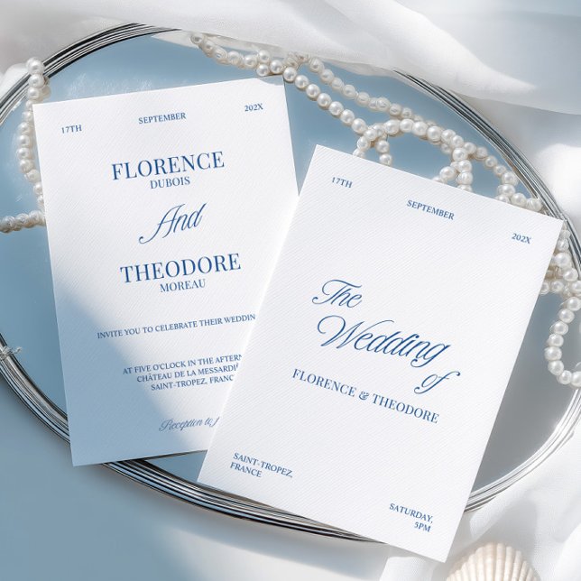 Invitación Boda Minimalista Moderna Azul y Blanco (Modern Minimalist Blue & White Wedding Invitation)