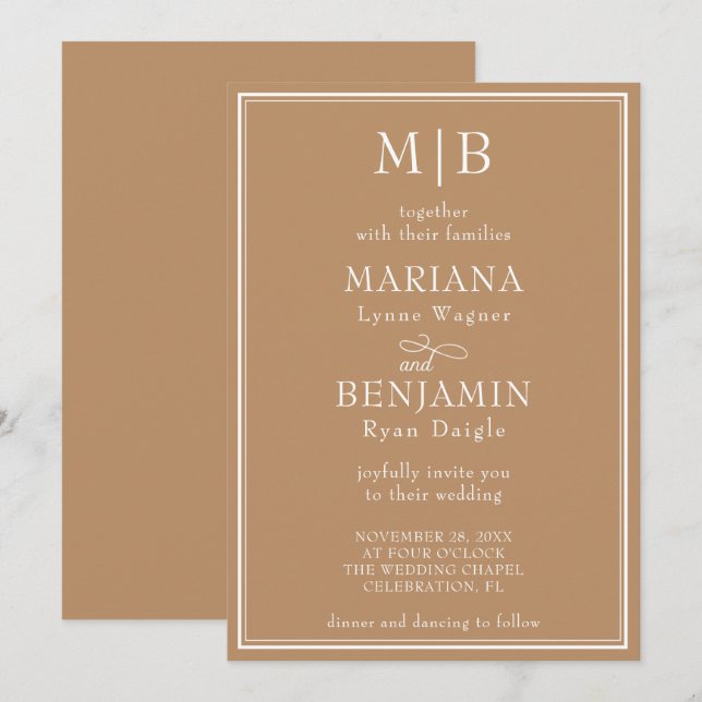 Invitación Boda Minimalista Moderna Beige Marrón (Anverso / Reverso)