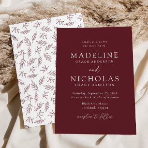 Invitación Boda Minimalista Moderna Botánica Merlot