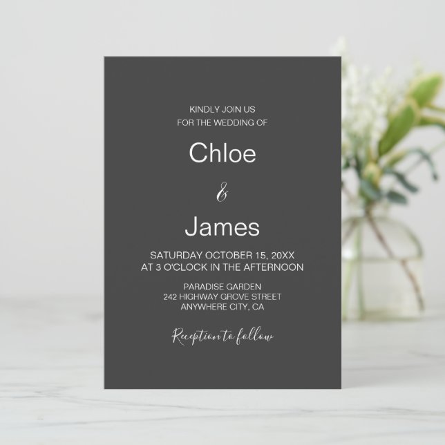 Invitación Boda Minimalista Moderna de Carbón (Anverso de pie)