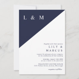 Invitación Boda minimalista moderna elegante azul marino y bl