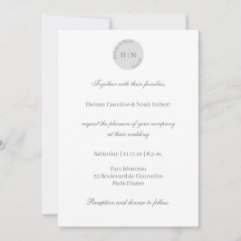 Invitación Boda minimalista moderna en blanco y gris con mono