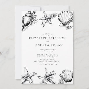 Invitación Boda Minimalista Moderna Océano Concha Negro Blanc