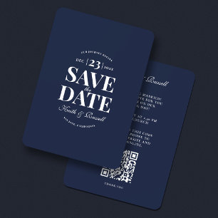 Invitación Boda minimalista Moderna Salva La Fecha Navy QR