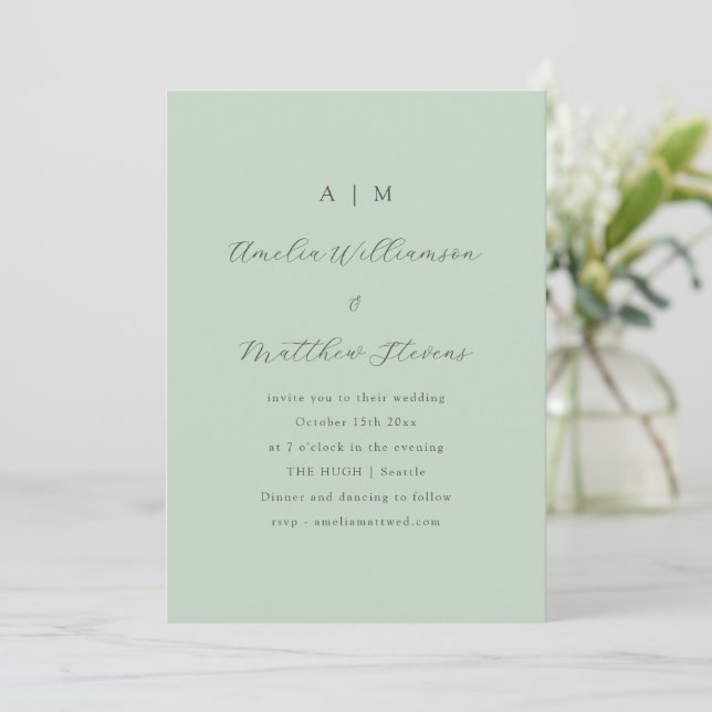 Invitación Boda Minimalista Moderna Script Verde Suave Primav (Anverso de pie)