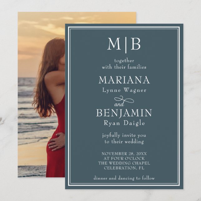 Invitación Boda Minimalista moderno Boho Blue (Anverso / Reverso)