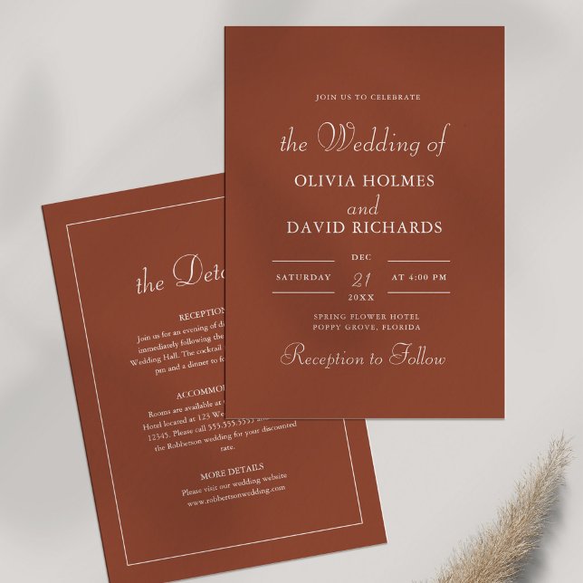 Invitación Boda Minimalista moderno de Terracotta (Modern Minimalist Terracotta Wedding Invitation on white background with dry wildflower.)