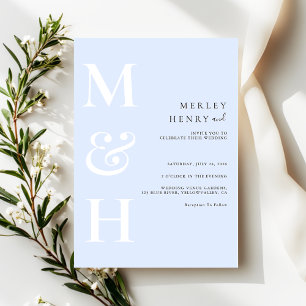 Invitación Boda Minimalista Monograma Blanco Azul Pastel