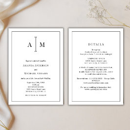 Invitación Boda Minimalista Monograma Blanco Negro Todo en Un