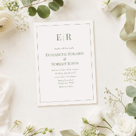 Invitación Boda Minimalista Monograma Blanco y Oliva 