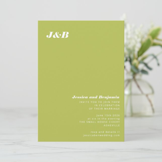 Invitación Boda Minimalista Monograma Lima Chartreuse (Anverso de pie)