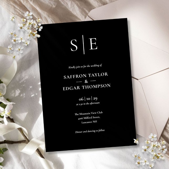 Invitación Boda Minimalista Monograma Negro y Blanco (Black And White Minimalist Monogram Wedding Invitation)