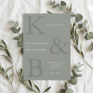 Invitación Boda Minimalista Monograma Verde Sage Moderno