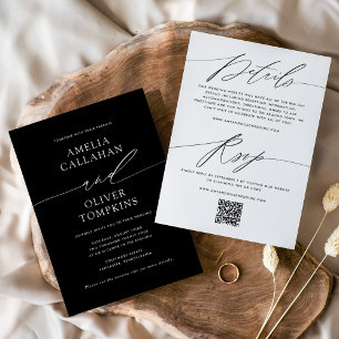 Invitación Boda Minimalista Negra de Doble Cara