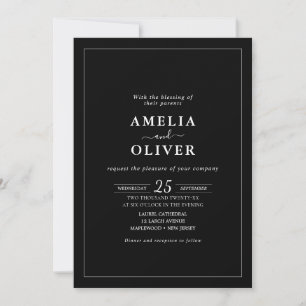 Invitación Boda Minimalista Negra Todo en Uno
