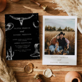 Invitación Boda Minimalista Occidental Rústica Foto Negra