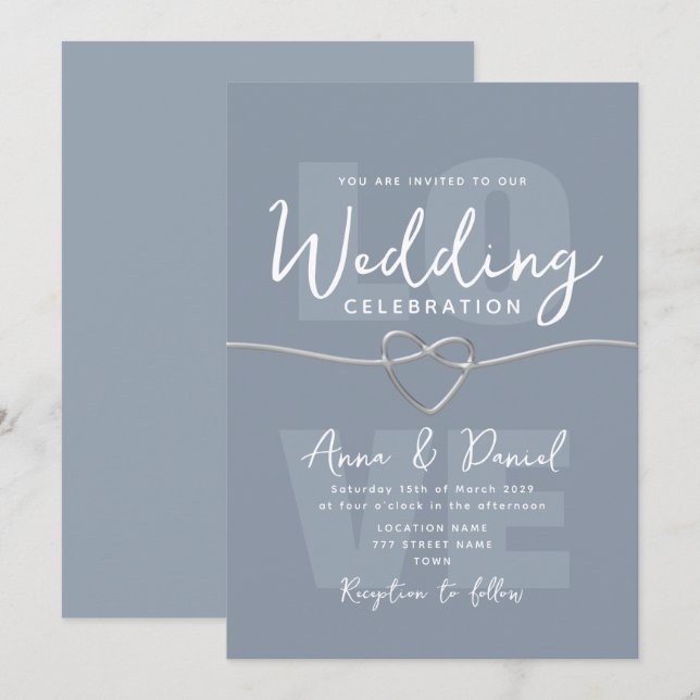 Invitación Boda Minimalista Polvo Azul Plateado (Anverso / Reverso)