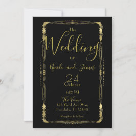 Invitación Boda minimalista retro vintage negro y dorado deco