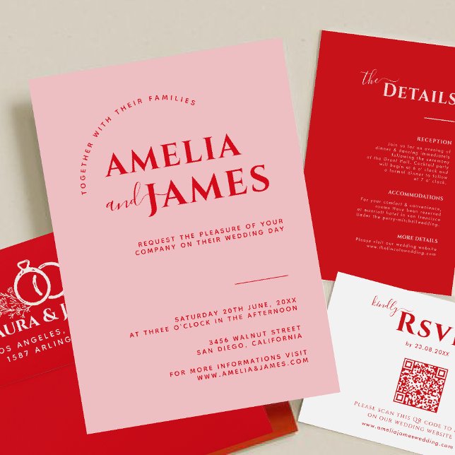 Invitación Boda Minimalista rojo y rosado moderno negrita (Subido por el creador)