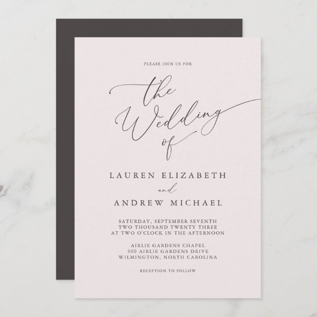 Invitación Boda Minimalista rosa y marrón champagne (Anverso / Reverso)