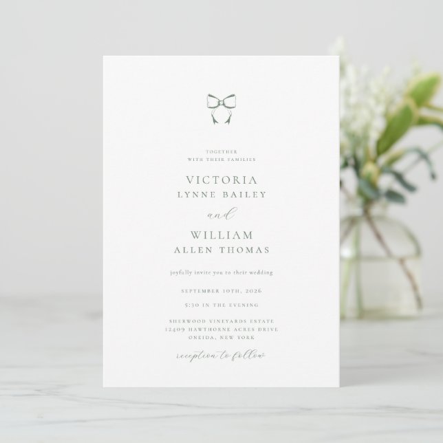 Invitación Boda minimalista Sage Green Bow (Anverso de pie)