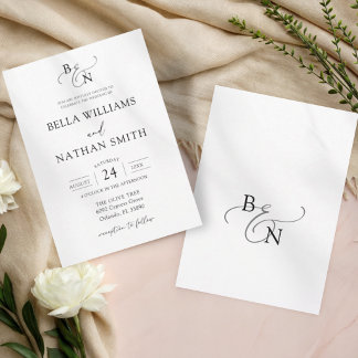 Invitación Boda Minimalista Simple Blanco y Negro con Letra S