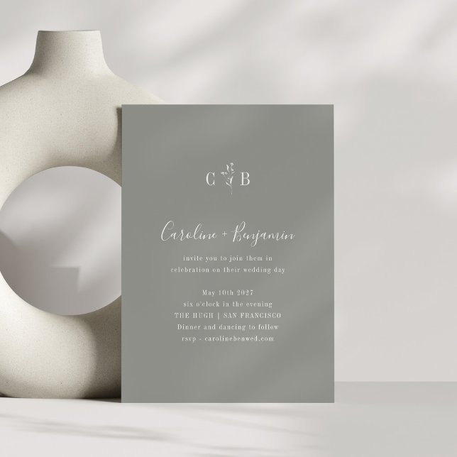 Invitación Boda Minimalista simple monograma gris botánico (Subido por el creador)