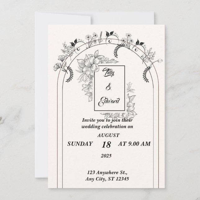 Invitación Boda minimalista simple negro y blanco roto (Anverso)