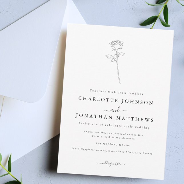 Invitación Boda Minimalista simple Rosa (Simple single rose minimalist floral line art black and white wedding invitation)