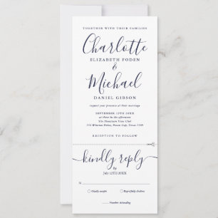 Invitación Boda Minimalista Todo en Uno con Letra Script Azul