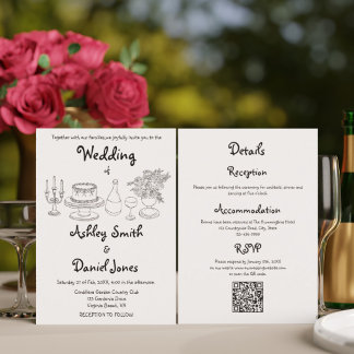 Invitación Boda Minimalista Todo En Uno Negro y Blanco Doodle