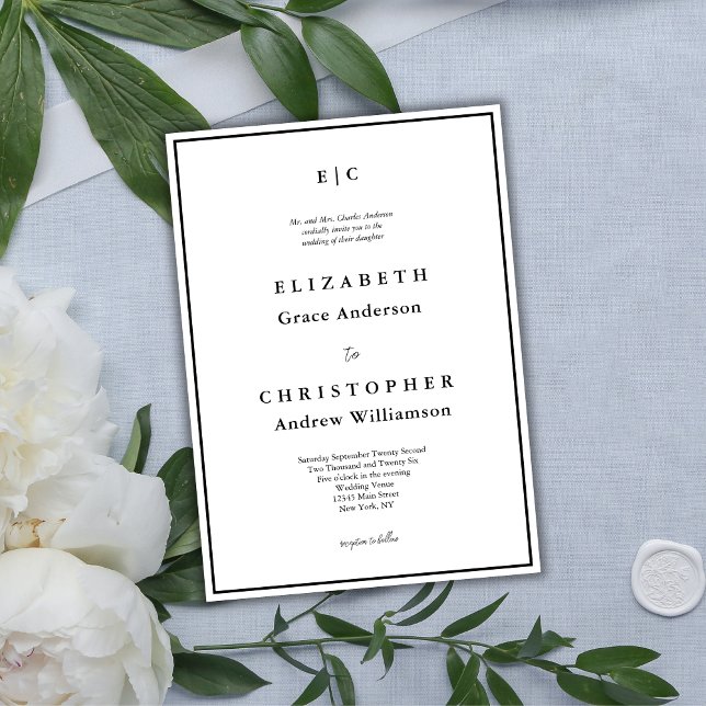 Invitación Boda minimalista tradicional formal con monograma (Elegant Monogram Black White Traditional Wedding Invitation)