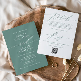 Invitación Boda Minimalista Verde de Doble Cara